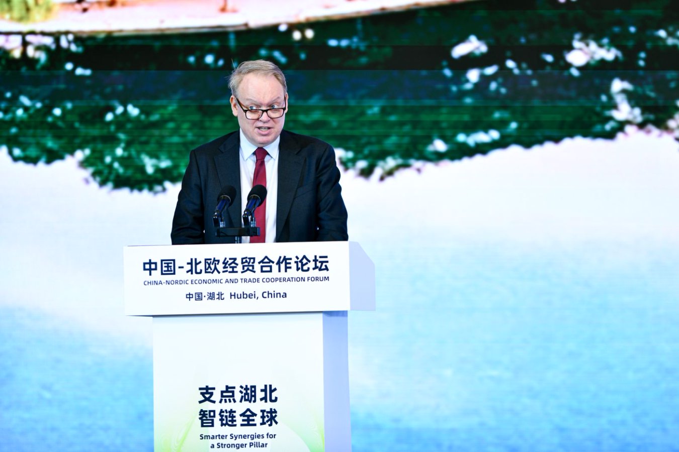 中国欧盟商会主席、丹麦马士基集团北亚区首席代表彦辞在会上发言。人民网记者 任峰涛摄